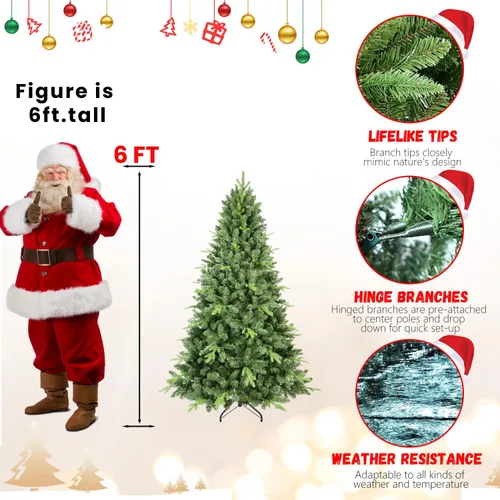 Vista 3 de Árbol de Navidad artificial sin luz de 6 pies, árbol de Navidad de abeto verde festivo con 1296 puntas de rama, árbol de Navidad realista de abeto