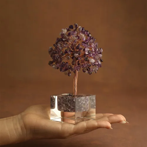 Vista 2 de Árbol de la vida de cristal de amatista, decoración de escritorio de oficina en casa, árbol bonsái hecho a mano para calmar, curación espiritual