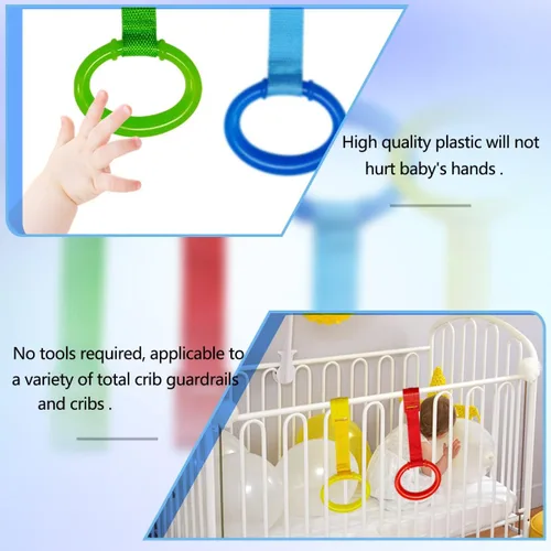 Vista 5 de 4 anillos de plástico para cuna de bebé, soporte auxiliar de ejercicios para caminar para niños Anillos colgantes de cuna de 4 colores para bebé