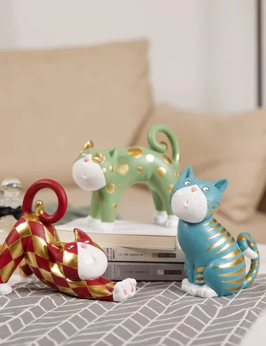 Vista 9 de SEINHIJO Estatua de gato, escultura de animal, decoración moderna, arte de regalo para el hogar, dormitorio, sala de estar, poliresina, azul, 6.0