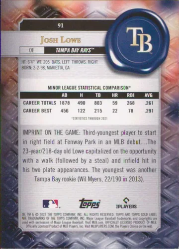 Vista 2 de 2022 Topps Gold Label Class 1#91 Josh Lowe Tampa Bay Rays Rookie Baseball Card - GotBaseballCards