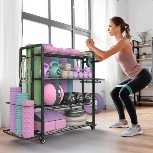 Vista 9 de 4-Tier Weight Rack for Home Gym with Wheels and Hooks