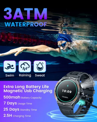 Vista 5 de Reloj inteligente para hombres Android Fitness Tracker: 1.53 "Militar Reloj inteligente con linterna brújula hacer respuesta Bluetooth Llamada