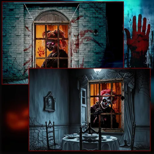 Vista 3 de SmoothNovelty 4 Pack Halloween Window Decorations Halloween Clown Curtain Scary Window Silhouettes Cover, Horror Clown with Blood for Garage Door
