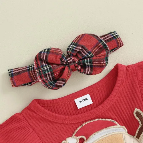 Vista 4 de Douhoow Conjunto de traje de Navidad a cuadros para bebé recién nacida, camiseta de manga larga, pantalones cortos con tirantes y diadema, 3