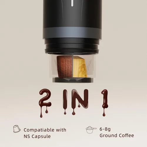 Vista 3 de Máquina de café espresso portátil, mini cafetera eléctrica autocalentable, hasta 20 bar de presión, compatible con cápsulas NS y molienda fina