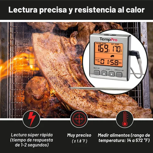Vista 2 de TempPro Termómetro digital de carne para cocinar y asar a la parrilla, termómetro de alimentos para barbacoa con luz de fondo y temporizador
