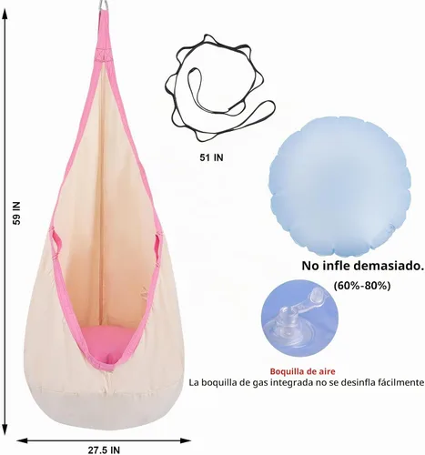 Vista 5 de YAERSI Silla de hamaca infantil de algodón con cojín inflable de PVC para uso en interiores y exteriores Beige