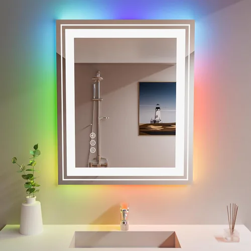 Vista 17 de Snowdool Espejo LED para baño, 28 x 36 pulgadas con retroiluminación RGB de 8 colores + 3 luces delanteras (ajustables individualmente), antiniebla