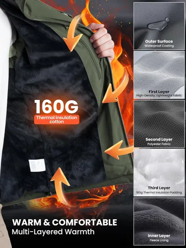 Vista 3 de Men's Winter Insulated Coat Warm Water Resistant Skiing Parka Jacket Fleece Lined Detachable Hood 7 Pockets Work Coat