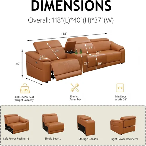 Vista 2 de Sofá reclinable eléctrico de cuero transpirable, sofá reclinable de 3 asientos para sala de estar, sofá modular de estilo moderno con reclinables