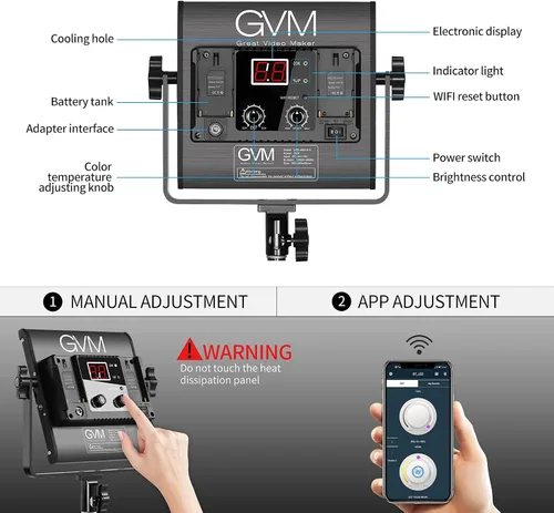 Vista 3 de GVM Paquete de 2 Kits de Iluminación de Video LED con Control por APP, Bicolor Variable 2300K~6800K con Pantalla Digital de Brillo del 10~100%