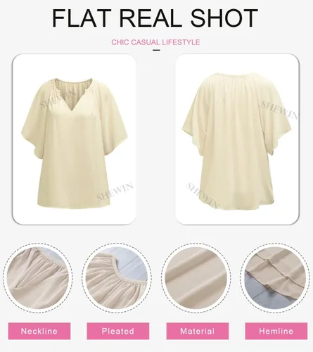 Vista 4 de SHEWIN Blusa casual de gasa con cuello en V para mujer, holgada, manga 34, plisada, holgada