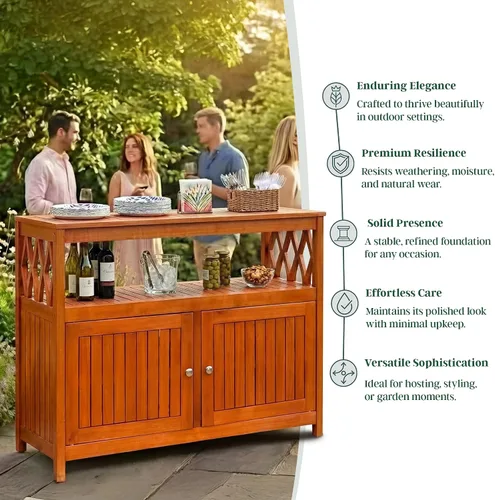 Vista 10 de DTY Outdoor Living Longs Peak Mesa Aparador de Madera de Eucalipto, Gabinete Buffet Exterior con Almacenamiento, Acabado de Aceite Natural