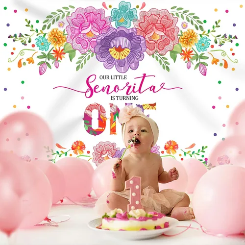 Vista 3 de Fondo de fiesta mexicana para el primer cumpleaños para niñas, flores, Senorita Turning One, fondo de fotografía de 7 x 5 pies, fiesta de niña