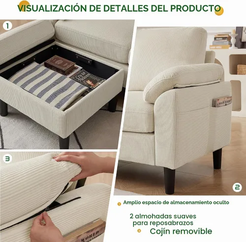 Vista 5 de Juego de sofá de pana de 3 piezas para sala de estar con sofá, otomana de almacenamiento y silla individual