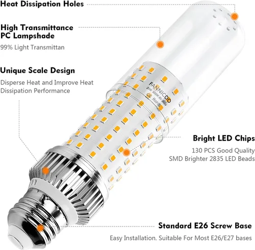 Vista 7 de Bombilla LED E26, luz de maíz de 25 W, equivalente a 200 W, 3000 K, blanco cálido, 2500 lúmenes, no regulable, sin parpadeo, para ventilador