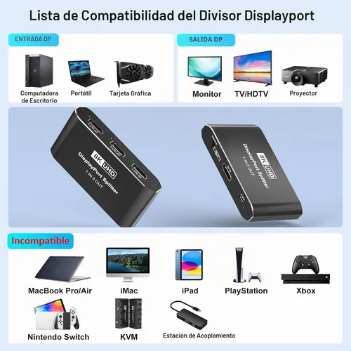 Vista 7 de Divisor DisplayPort 1 en 3 salidas, divisor de puerto de pantalla para monitores triples, compatible con DSC de 8K a 60Hz y modo extendido/espejo 4K