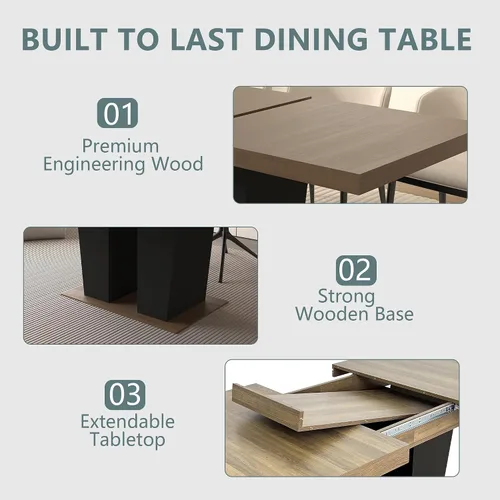 Vista 4 de Juego de mesa de comedor extensible de 5 piezas con 4 sillas de tela, mesa extensible marrón con base negra, juego moderno de comedor de madera