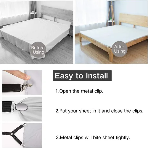 Vista 4 de Abrazaderas de sábana, tirantes en triángulo ajustable elástico, correas con clip para sábanas, fundas de colchón, almohadón de sofá