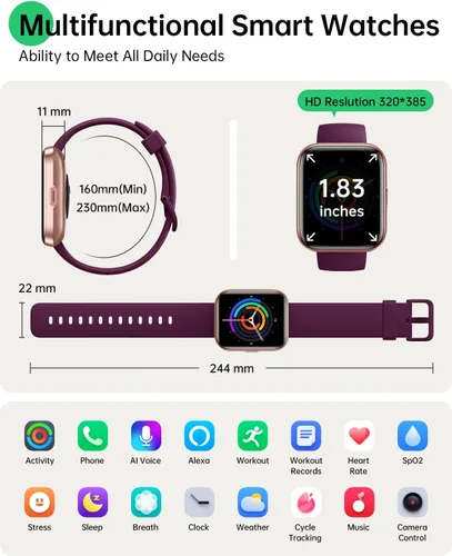 Vista 9 de WMK Reloj inteligente para mujer para responder/hacer llamadas, 1.85 pulgadas, reloj con Alexa integrado, monitor de frecuencia cardíaca del sueño
