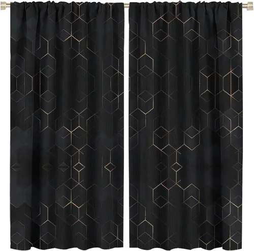 Vista 104 de Cortinas Negras con Dobladillo Dorado, Cortinas Opacas con Bolsillo para Barra con Estampado de Rayas de Foil en Onda Dorada para Decoración de Negro