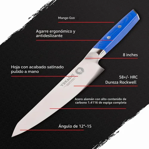 Vista 4 de YOKASHI Excalibur Cuchillo de Chef - Cuchillo de cocina de acero alemán duradero de 8 pulgadas - Cuchillo de cocina afilado para picar, rebanar