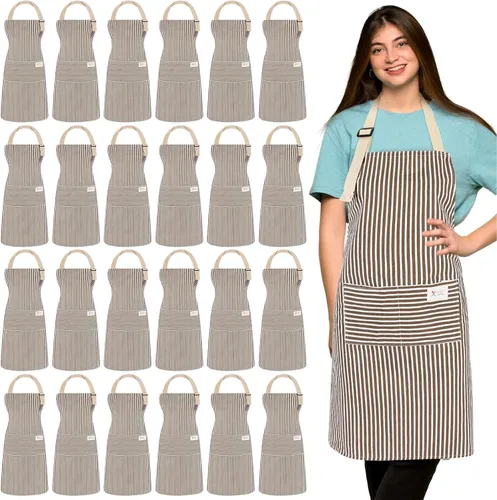 Vista 16 de Janmercy 24 delantales para mujeres y hombres con 2 bolsillos, delantal de cocina de lino, delantal ajustable para chef, delantales a granel unisex