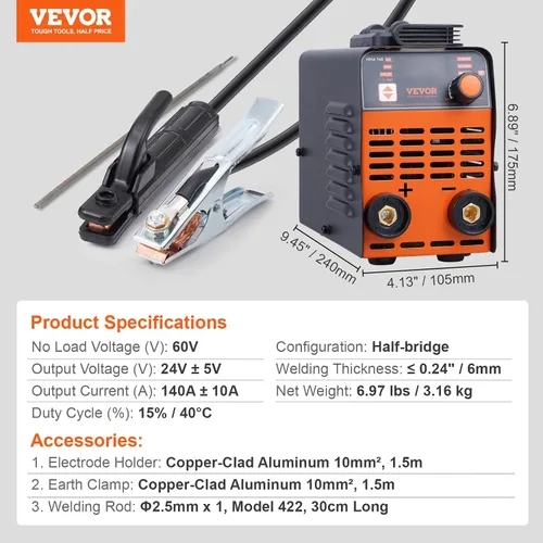 Vista 7 de VEVOR Soldador de Palo, Mini y Portátil 140Amp 2 en 1 Máquina de Soldadura ARC/Lift TIG, Soldador de Arco con Arranque en Caliente/Fuerza