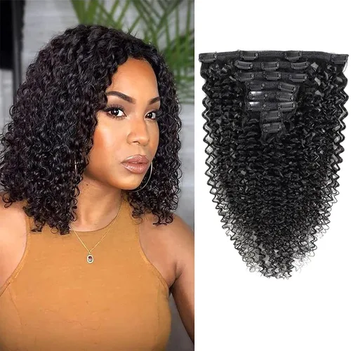 Vista 8 de Extensiones de cabello ondulado con clip, rizado natural, 100% cabello humano brasileño sin procesar, para mujeres negras (12 pulgadas)