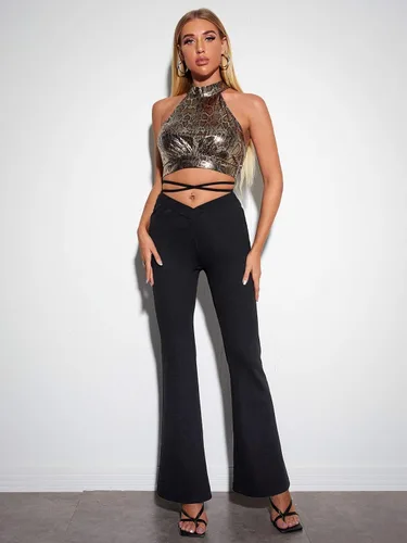 Vista 5 de Verdusa - Pantalones de noche para mujer con cintura media recortada, elásticos, cómodos, acampanados.