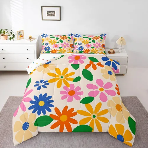 Vista 7 de Juego de ropa de cama floral retro, tamaño individual, vintage de los años 70 y 60, juego de edredón para niños, adultos y adolescentes, juego