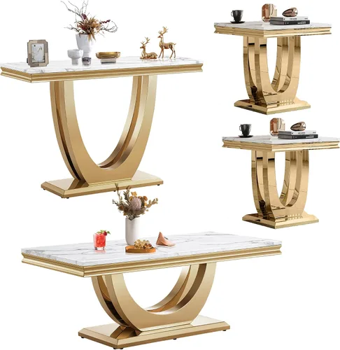 Vista 22 de SSLine Moderna mesa de centro de 1 pieza para sala de estar, mesa de centro de lujo de mármol sintético con patas de acero inoxidable en forma de S