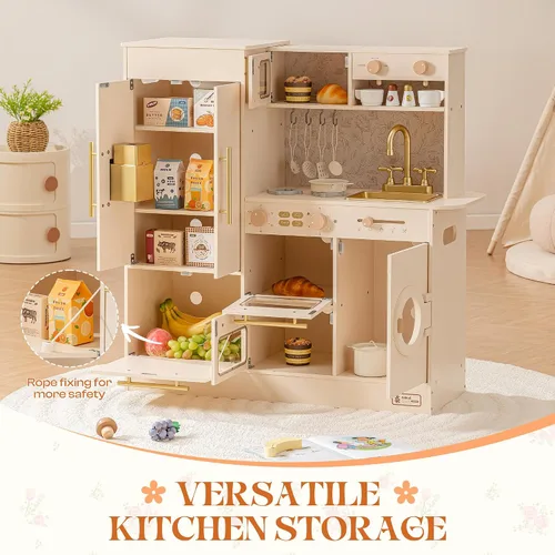Vista 3 de ROBUD Juego de cocina de madera, juego de cocina para niños, juego de cocina de juguete con 17 accesorios realistas, regalo ideal para niños y niños