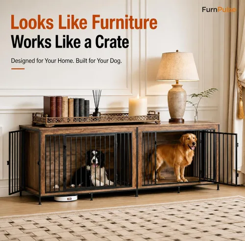 Vista 5 de Mueble de jaula de perro XL de 48 pulgadas para perros grandes y medianos, perrera de madera para interiores con 3 puertas, anillo de bloqueo