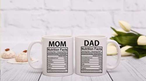 Vista 6 de AW Fashions Mom & Dad Nutritional Facts - Juego de tazas de café divertidas de cerámica blanca de 11 onzas para marido y esposa, él y ella, regalo