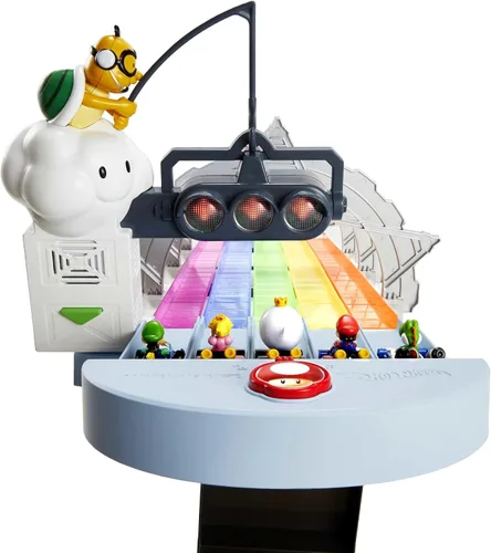 Vista 4 de Juego de pista de carreras Hot Wheels Mario Kart Rainbow Road de 8 pies con luces y sonidos y 2 vehículos a escala 1:64, carrera con curso colorido