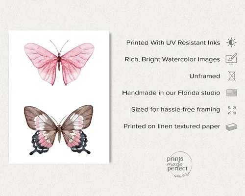 Vista 2 de Arte de pared de mariposas, impresiones de acuarela de mariposas, decoración rosa, juego de 2, 8 x 10, sin marco
