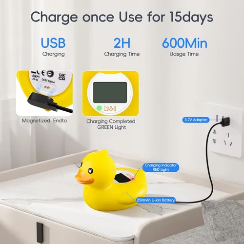 Vista 4 de b&h Termómetro de baño para bebés, recargable por USB, lecturas de temperatura instantáneas y precisas, impermeable, monitor digital de temperatura