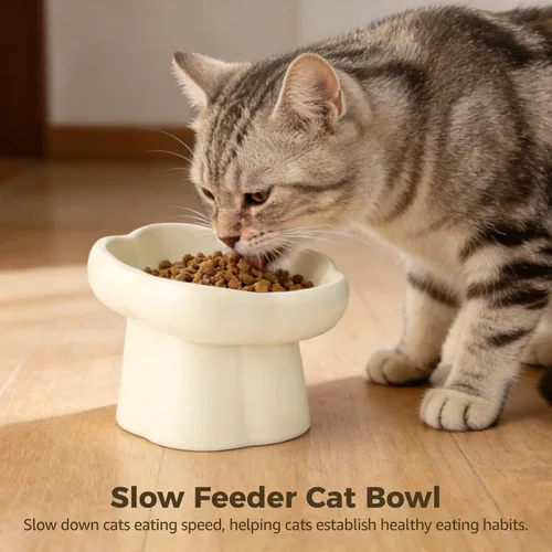 Vista 3 de Ceramic Slow Feeder Cat Bowl, 6.8 Oz Flower Shape, Elevated Pet Food Dish Anti Vomiting, Non-Slip Base, Easy Clean