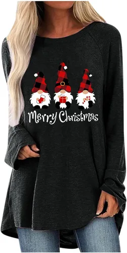 Vista 3 de Camisas de Navidad para mujer 2022 con estampado de árbol de Navidad, túnica casual con cuello redondo, Rojo