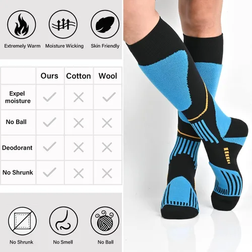 Vista 6 de COOPLUS 2 pares de calcetines de esquí para hombres y mujeres, calcetines de compresión hasta la rodilla para esquí, snowboard, senderismo, deportes