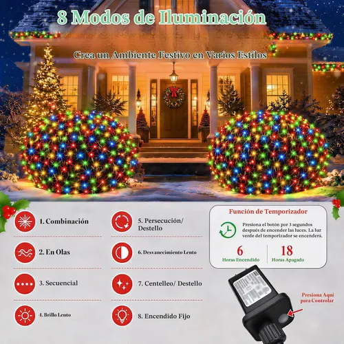Vista 2 de OYCBUZO 300 luces LED de red de Navidad, 14.8 pies x 5 pies, luces de malla para exteriores, 8 modos, cable verde, tira de luces conectables Varios