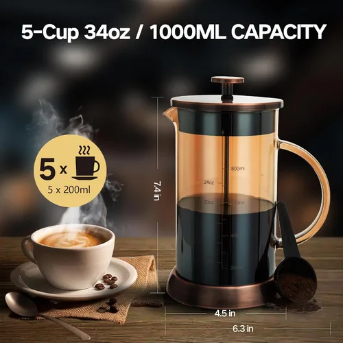 Vista 4 de YMMIND - Cafetera de prensa francesa de 34 onzas, cafetera de espresso de 5 tazas, cafetera de cobre para café frío con resistencia al calor y Ámbar