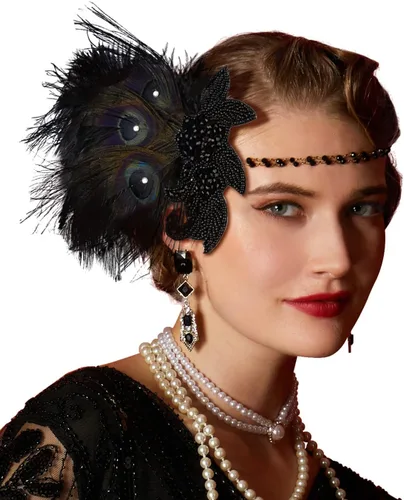 Vista 16 de Cizoe (aa) - Juego de accesorios de estilo Gatsby de la década de 1920, para mujer, diadema de estilo flapper, tocado, collar, guantes