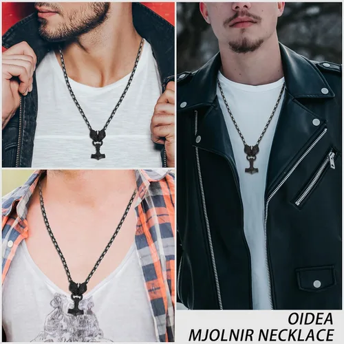 Vista 7 de OIDEA Viking Mjolnir Necklace for Men with Wolf Head King Chain, Stainless Steel Viking Amulet Thors Hammer Necklace Norse Pagan Jewelry,22 inch