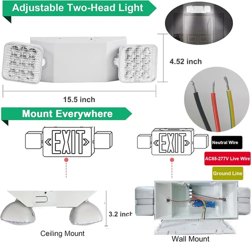 Vista 5 de LED Emergency Lights with Battery Backup 6 Pack, Commercial Emergency Lights Fixture Two Head Adjustable, Hardwired Emergency Light for Business