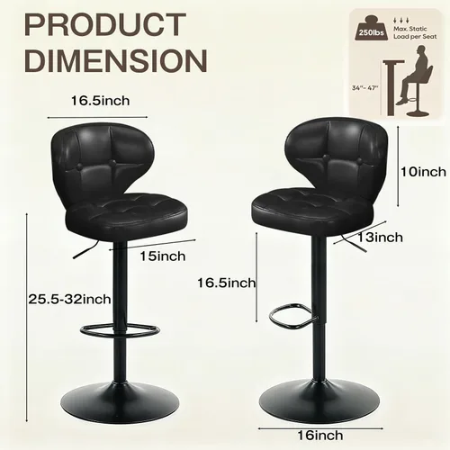 Vista 2 de Juego de 2 taburetes de bar, taburetes de bar giratorios ajustables con respaldo, sillas de bar de altura de mostrador con reposapiés, asiento Negro