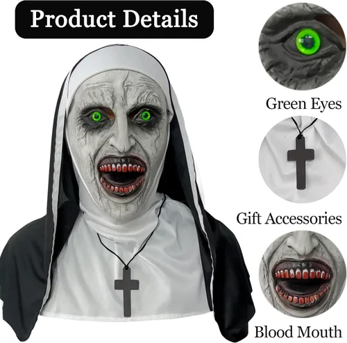 Vista 8 de Scary Nun Latex Mask - Halloween Party Horror Nun Conjuring Cosplay Full Head Creepy Mask
