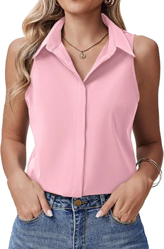 Vista 16 de HOTOUCH Camisas sin mangas con botones ocultos para mujer, frente con botones ocultos, cuello, blusas casuales elegantes holgadas para oficina